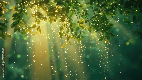 Leafy branches with fairy lights in magical, softly lit forest scene