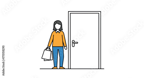 Stylized illustration depicting a woman returning home after shopping with bags in hand near a closed door