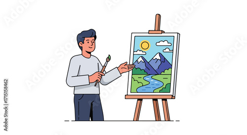 A happy artist presents his beautiful landscape artwork of majestic mountains under a bright sun and fluffy clouds displayed on a classic easel