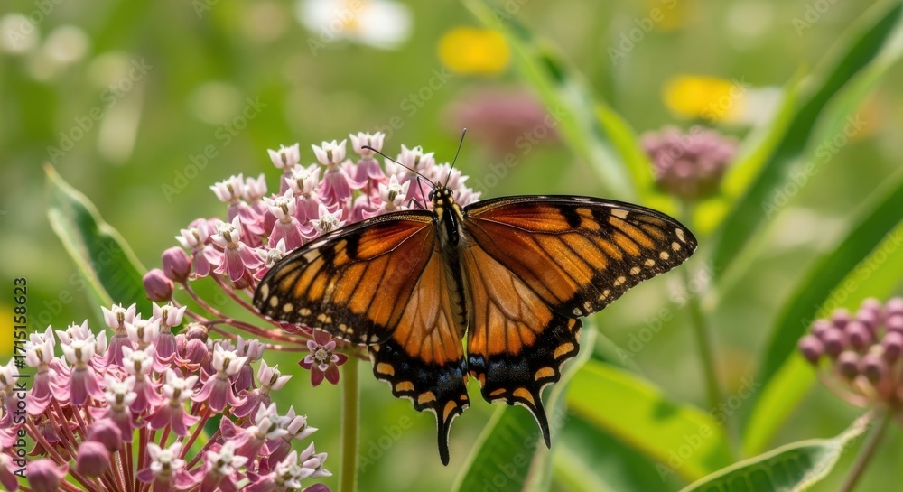 Obraz premium Monarch butterfly with open wings perched atop a vibrant milkweed flower