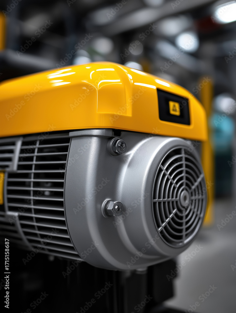 Fototapeta premium Detailed view of a yellow industrial motor in a workshop setting