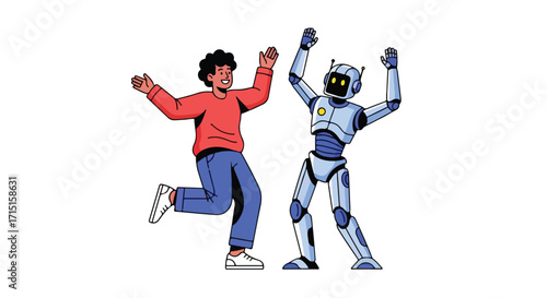 Celebrating synergy: Human and robot rejoice in collaborative achievement embodying technological partnership and innovative teamwork towards progress