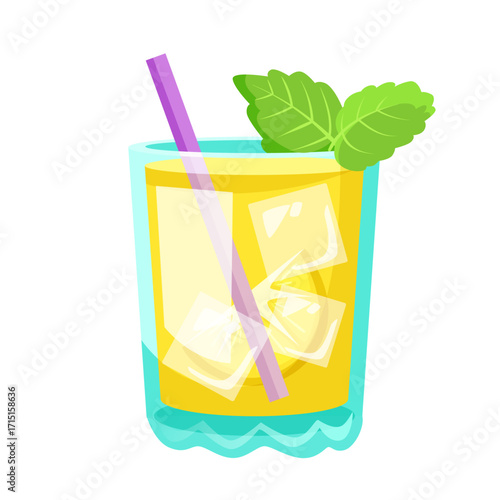 Glass of lemonade with ice cubes, mint leaves and straw in cartoon style on white background. Concept of summer drink. Vector illustration