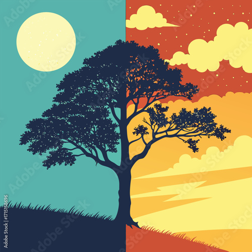 Tree Silhouette Day And Night Contrast vector illustration