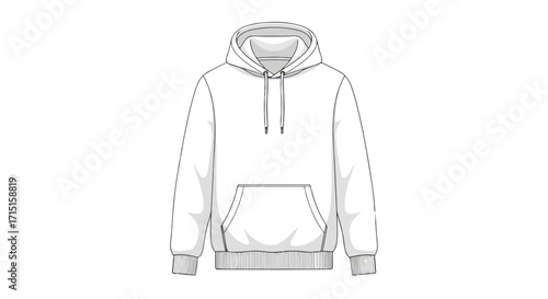 Detailed line drawing of a white hooded sweatshirt with strings and a front pouch showcasing design possibilities and garment