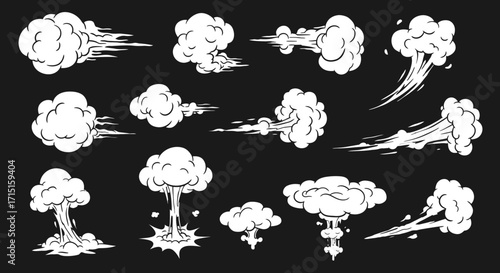 High-quality vector PNG illustrations of stylized smoke effects perfect for comic books, animation, and graphic design projects needing a dynamic visual element.  These versatile assets are easily