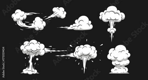 A collection of dynamic smoke effects in a vector format, perfect for adding movement and impact to your digital artwork, with various styles and shapes on a dark background.