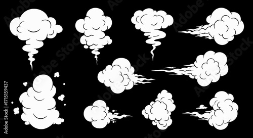 A collection of stylized white cartoon smoke and steam clouds, perfect as graphic design elements on an isolated black background.