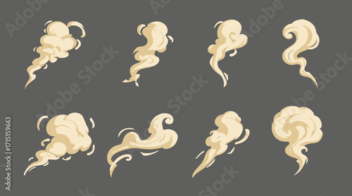 Collection of stylized vector smoke and dust cloud elements, perfect for adding atmospheric effects to graphic designs and animations.