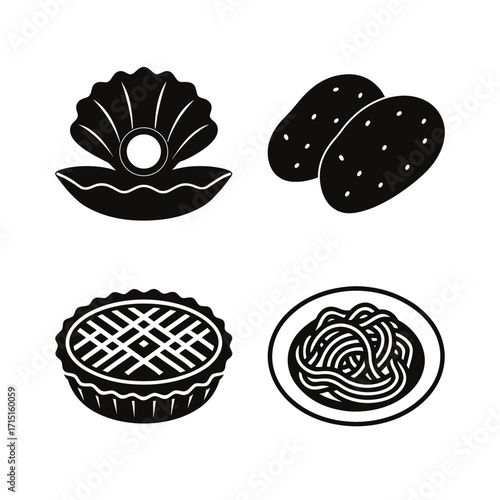 Black drawings of food and a pearl shell on transparent background