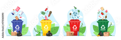 Four colored recycling bins labeled paper, plastic, glass, and organic with matching waste items floating above on a light blue background. Vector illustration