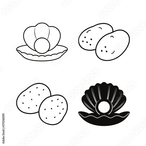 Pearls and potatoes in simple line art on transparent background