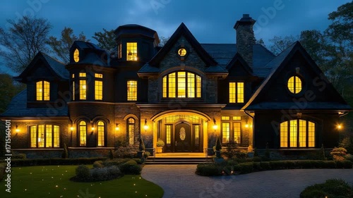 Luxurious, stone-clad mansion at dusk