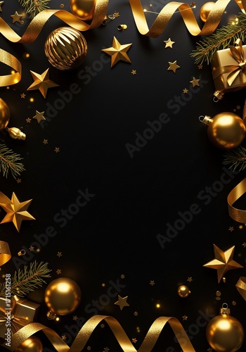 Luxurious Gold Christmas Decorations on Black Background