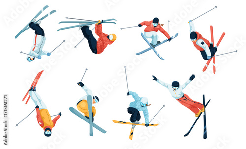 Group of freestyle skiers in dynamic mid-air poses wearing colorful winter gear on a white background, concept of extreme winter sports. Vector illustration