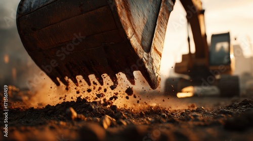 Excavator bucket digging with flying soil at sunset, dramatic motion, cinematic construction shot