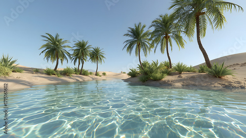 A serene oasis scene showcases clear water  palm trees  and desert landscape under a blue sky.