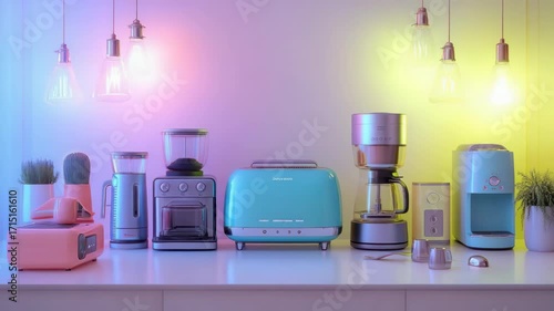 Modern kitchen appliances in pastel hues, lit by pendant lamps