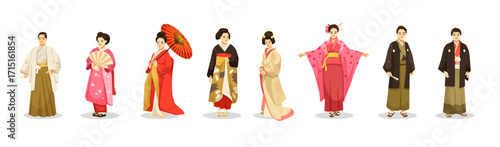 Group of Japanese men and women in traditional kimono and hakama outfits, flat cartoon style on white background. Concept of cultural heritage. Vector illustration
