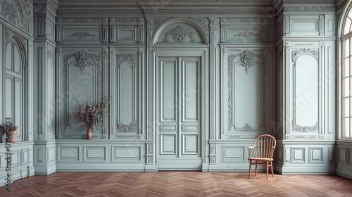 Historic ornate interior with pale blue paneling and decorative molding details. AI generated