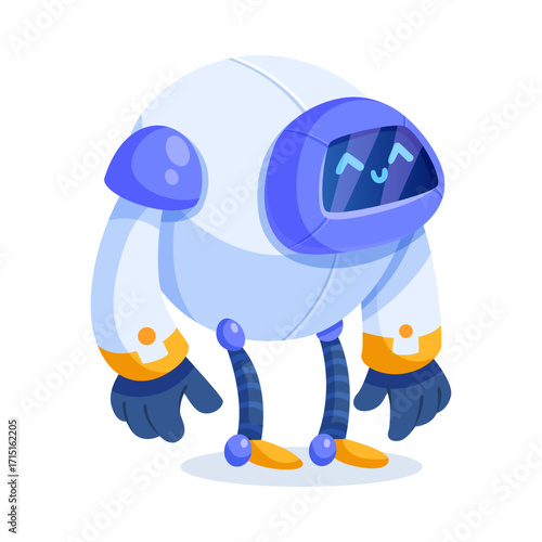 Adorable cartoon robot with a smiling face on a screen, blue helmet, striped legs, and gloves on a white background. Vector illustration