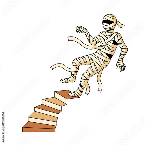 Cartoon mummy falling down stairs isolation Halloween Spooky Fright isolate