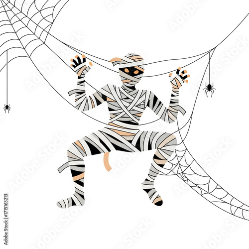 Cartoon mummy figure trapped in a spider web with hanging spiders isolate