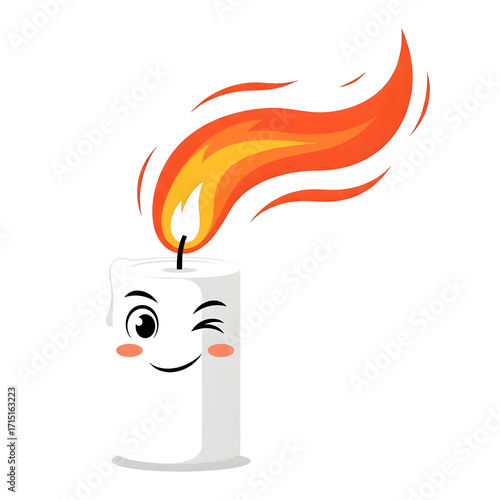 Cartoon white candle character with a bright fiery flame winking with a happy expression and blushing cheeks isolate