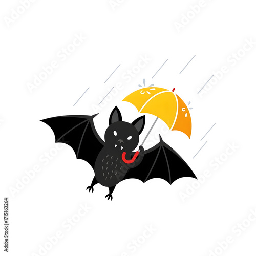 Cute bat with open wings holding a yellow umbrella during heavy rain isolate