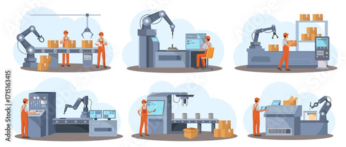 Industrial automation scene with robotic arms and workers operating machines, flat cartoon style, on white background, concept of smart manufacturing. Vector illustration
