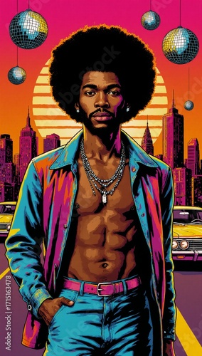 Psychedelic illustration showcasing a funky 1970s disco vibe with vibrant sunset cityscape retro fashion and an afro hippie man in cool pop art graphics