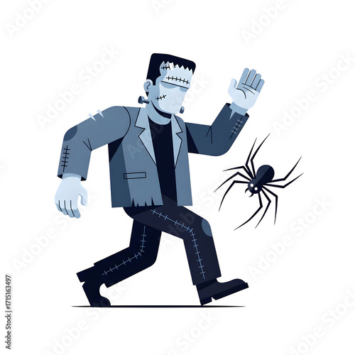 Stylized Frankenstein Monster Running From A Spider On A Transparent Background Isolate