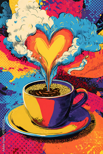 Vibrant coffee cup with heart-shaped steam against a colorful abstract background
