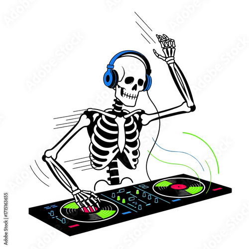Stylized DJ turntable and headphones emitting colorful sound waves and music isolate