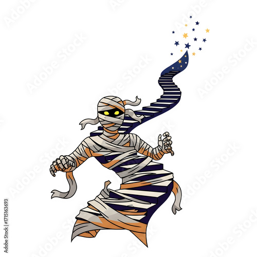 Cartoon mummy figure with a staircase to the stars isolate Halloween Monster
