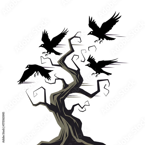 Stylized gnarled bare tree with twisted branches dark eerie abstract flat design isolate