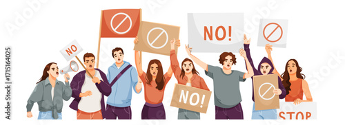 Group of diverse young protesters holding signs and shouting slogans in flat cartoon style on white background. Concept of social protest. Vector illustration