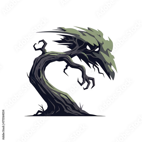 Spooky gnarled ancient tree with eerie branches and sharp leaf like structures isolate