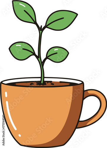 A conceptual illustration of a sprout growing from a coffee cup, symbolizing growth and new beginnings