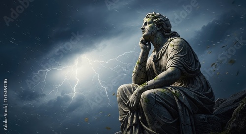 Pensive Statue Against a Stormy Sky with Lightning.