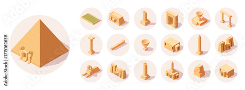 Set of ancient Egypt icons in isometric style featuring pyramids, temples, columns, and artifacts on white background. Vector illustration