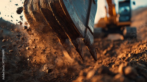 Excavator bucket digging with flying soil at sunset, dramatic motion, cinematic construction shot