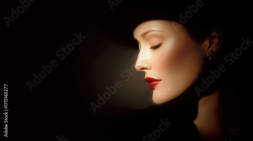 Elegant profile of woman with closed eyes, showcasing classic beauty. soft lighting highlights her features, creating dramatic and sophisticated atmosphere