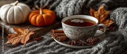 Cozy autumn tea time with pumpkins cinnamon and warm knitted blanket