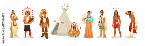 Group of Native American men and women in traditional attire with a tipi tent, flat cartoon style on white background. Concept of indigenous culture. Vector illustration