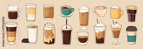 Assorted coffee beverages in a set of cups and mugs in cartoon style on beige background. Concept of hot and cold drinks. Vector illustration