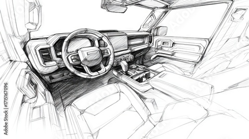 Modern Off-Road Vehicle Interior – Industrial Design Sketch on White Paper