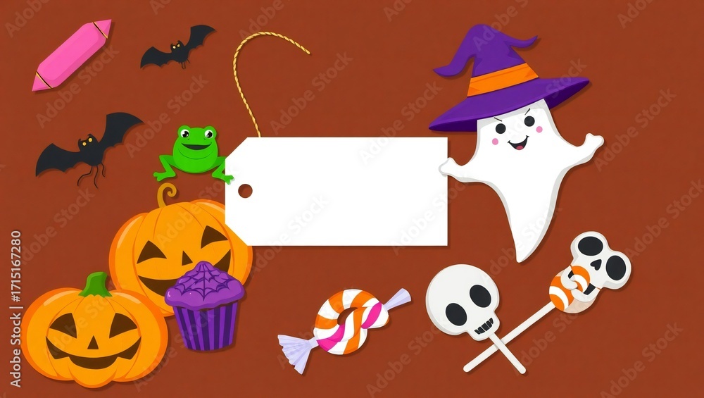 Fototapeta premium Cute halloween elements with blank tag for text and copy space