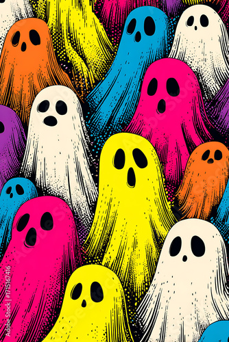 Colorful collection of cartoon ghosts in various shades, creating a vibrant Halloween atmosphere