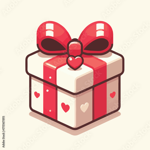 Small gift box with red heart ribbon with simple and minimalist flat design using white background